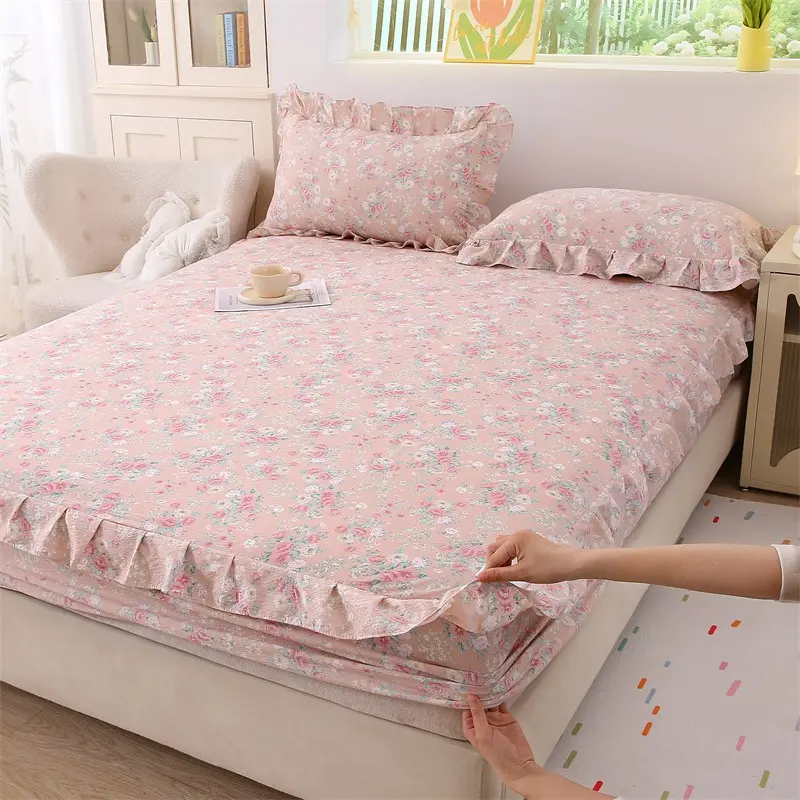 3pcs Floral Ruffle Fitted Sheet Set, Soft Fabric, Dustproof & Non-Slip, Floral Bedding, Breathable Fitted Sheet, Includes 1 Fitted sheet+ 2 Pillowcases, Single/double/queen, Breathable Sheets