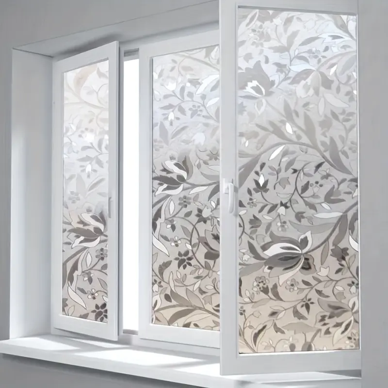 1 Roll 3D Colorful Privacy Window Film Home Dcoration Static Cling Self-Adhesive Glass Covering Film, Transparent Semi-Opaque with Elegant Tulip Pattern Design, Suitable for Office and Bathroom Decoration, Removable PET/PVC Leaf Design, 9mm Thick