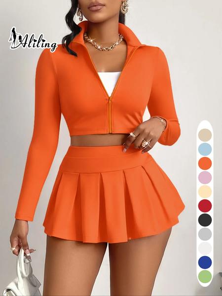 Aliling Casual Women's Two-Piece Set, Spring & Fall Long Sleeve Zipper Crop Top, High Waist Short Pleated Skirt, Slim-Fitting Crop Top and Skirt
