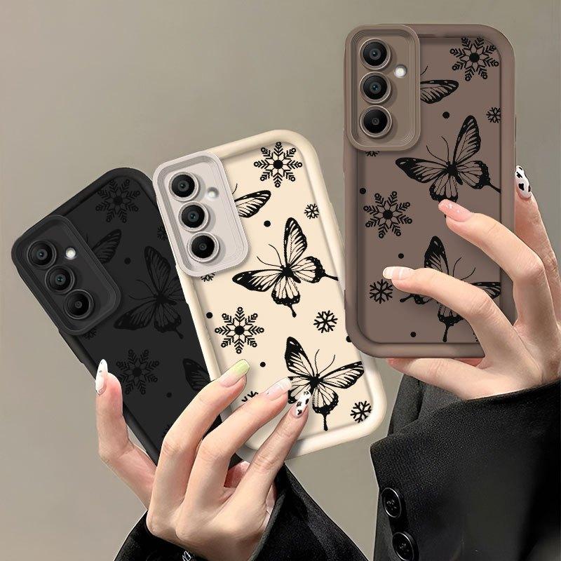 [Luxury Shockproof Cover] Mobile Phone Case for Samsung for Galaxy A55 A54 A56 A36 A16 A53 A52 A25 A35 A52S A06 A26 A05 A05S A12 A13 A14 A15 A34 A33 5G A51 A71 4G Light Luxury Simple Exquisite Hollow Black Butterfly Angel Eye Lens Protective Cover