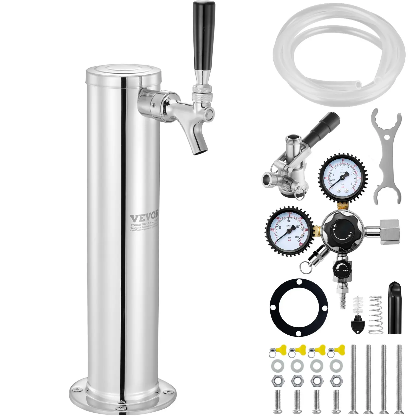 【Summerfinds】VEVOR Chrome Finish Stainless Steel Single Self-Closing Tap Kegerator Tower Kit, Beverage Conversion Kit with Dual Gauge CGA320 Regulator, D-System Keg Coupler, Spring and Cover for Home Bar Parties, Residential, Restaurant Use
