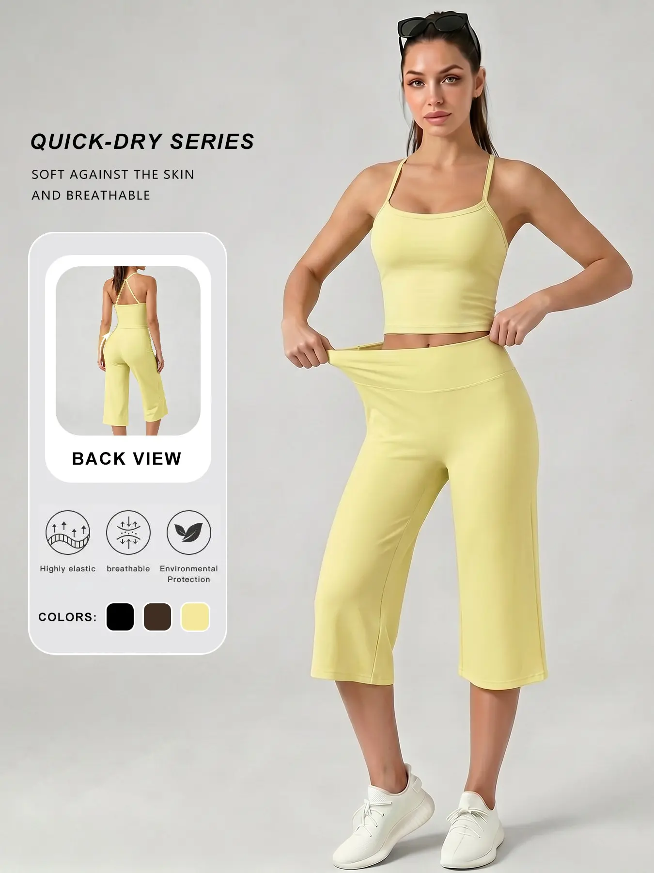 Women's Two-Piece Yoga Set, V-Back Thin Straps Short Sports Bra and High Waist Wide Leg Capri Pants, Quick-Dry Breathable for Workout and Gym Fitness, Yoga Fit Sets