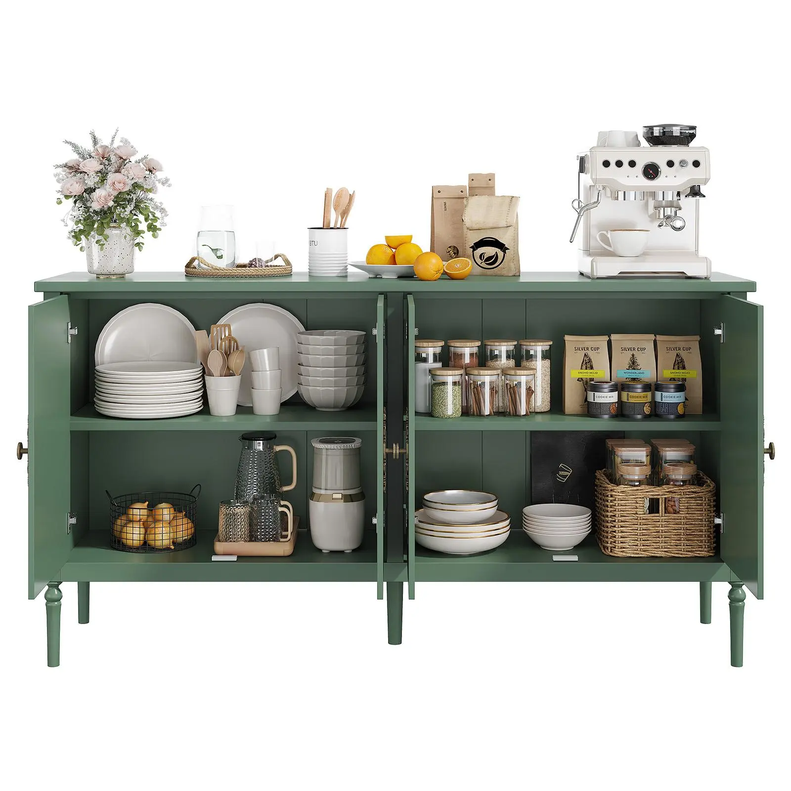 Modern 59" Wooden Sideboard Buffet Cabinet – 4 Doors, Adjustable Shelves, Spacious Storage – Coffee Bar Credenza for Dining Room, Living Room, Kitchen