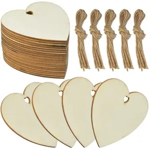 50 Pieces 3 Inch Natural Heart Wood Slices, DIY Wooden Ornaments Unfinished Predrilled Heart Embellishments with Twine Wedding, Thanksgiving, Christmas