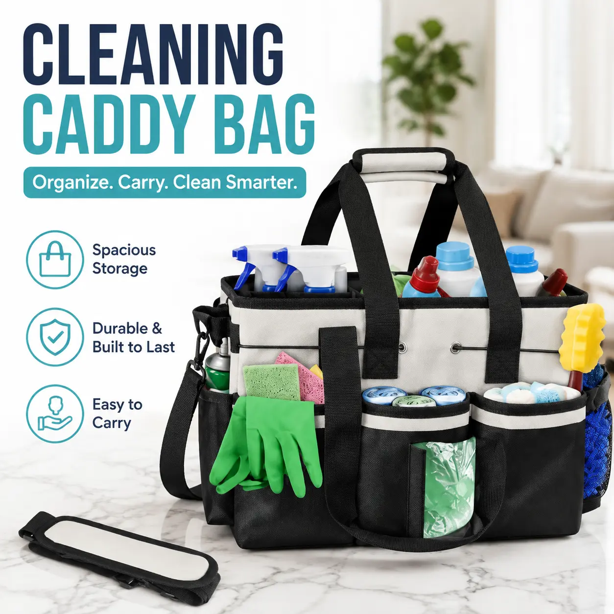 Boczif Cleaning Caddy Bag Wearable,Cleaning Caddy Supplies Organizer(White)| with Handle, Shoulder Straps & Detachable Divide, Cleaning Tool Organizers Tote Bag for Cleaners & Housekeepers