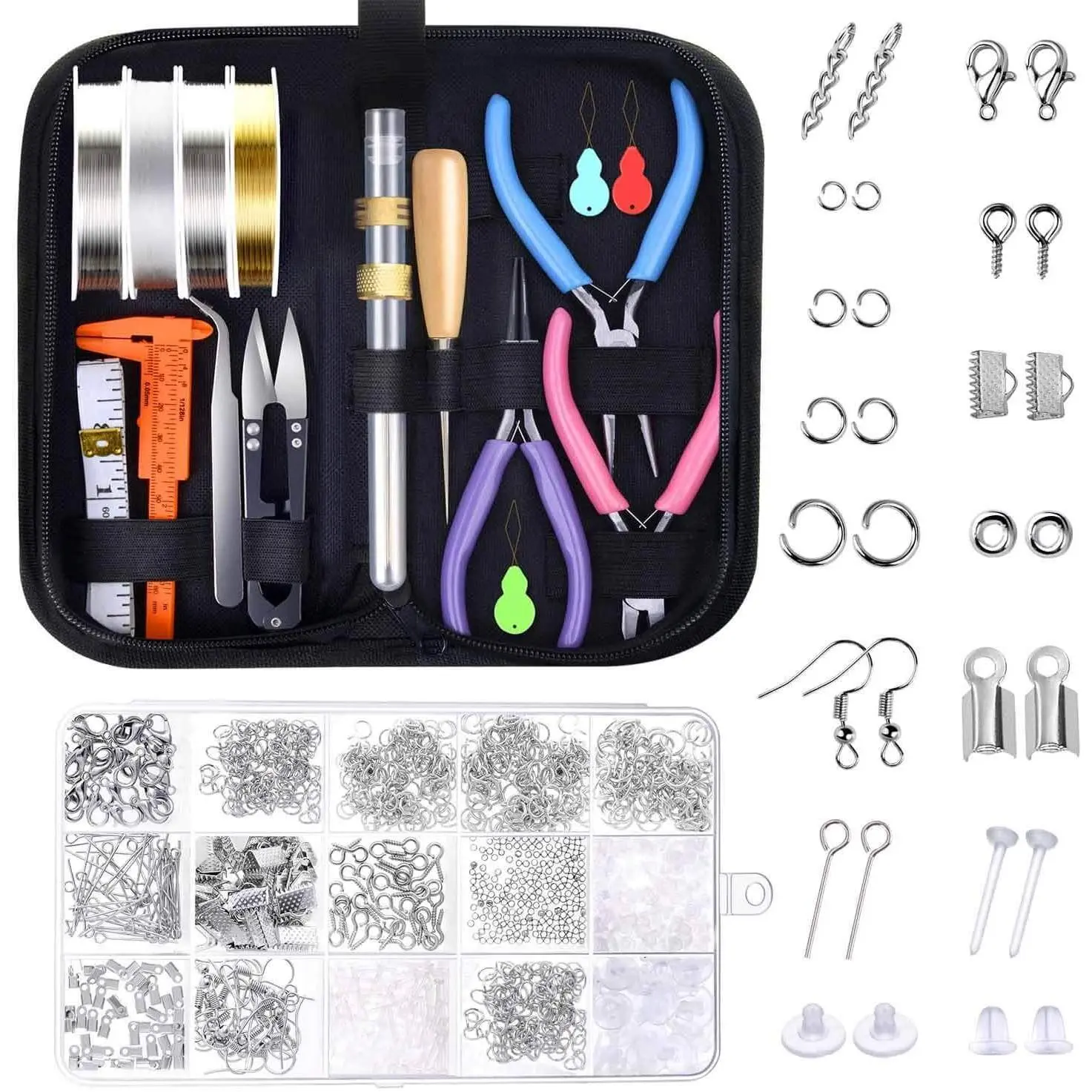 Making Tools Kit,  Making Supplies Wire Wrapping Kit with Beading ,  Pliers, Elastic String and Earring Findings for  Necklace Repair