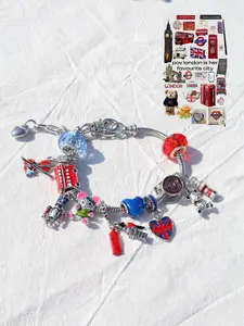 British Style Bracelet, Blue Beaded Fashion Accessory, DIY Phone Booth Bear Charm, Trendy National Jewelry, Unique Gift Idea