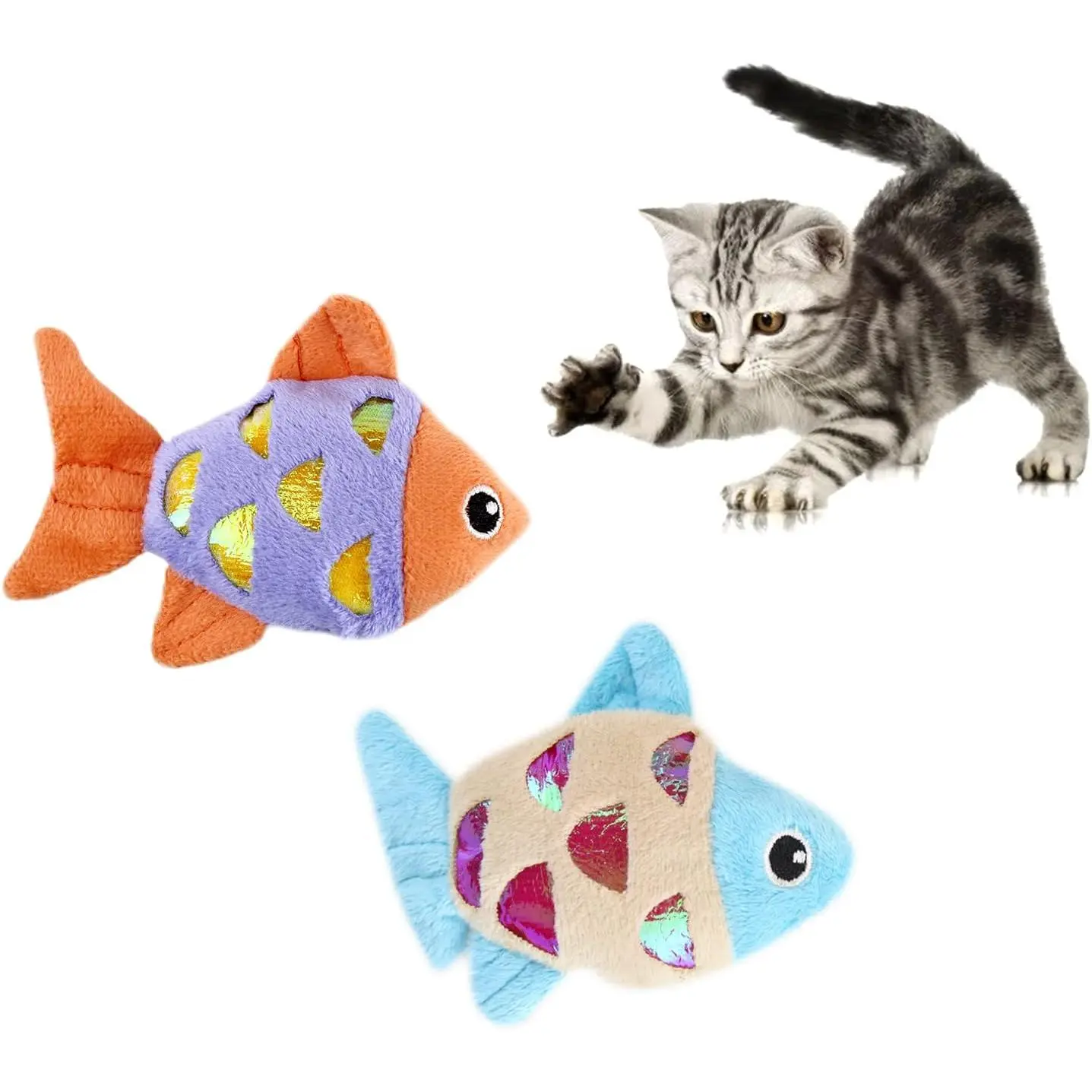 2pc Fish Shape Catnip Sound Toys - Playful Look Chew Fetch Interactive Indoor Play Supplies for Kittens, Crinkle Sound