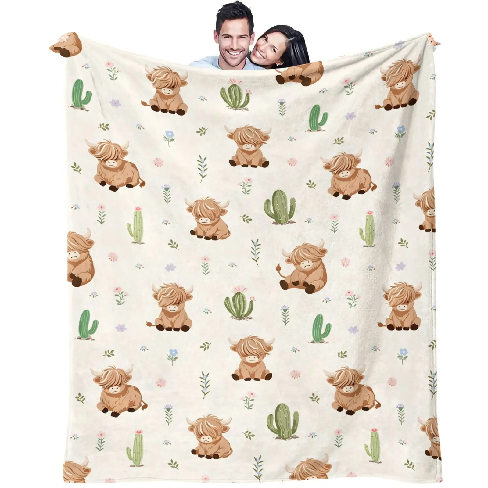 Cute Highland Cow Cactus Floral Flannel Blanket, Throw Blanket, Warm Blanket, Gift Blanket, Soft Plush Microfiber Digital Print Blanket, Machine Washable Multi-Use Blanket for Sofa Car Camping Bed Nap, Western Animal Home Decor Birthday Holiday Gift
