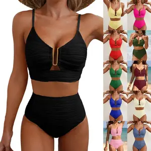 Trendy 2-Piece U-Wire Cutout High Waisted Swimsuits Textured Tummy Control Slimming Bikini Set Plus Size Swimwear for Summer Beach Water Sports