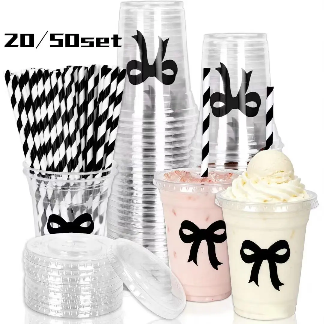 Bow Graduation Cups, Disposable Plastic Cups with Lids and Straws, Party Supplies for Graduation Celebrations