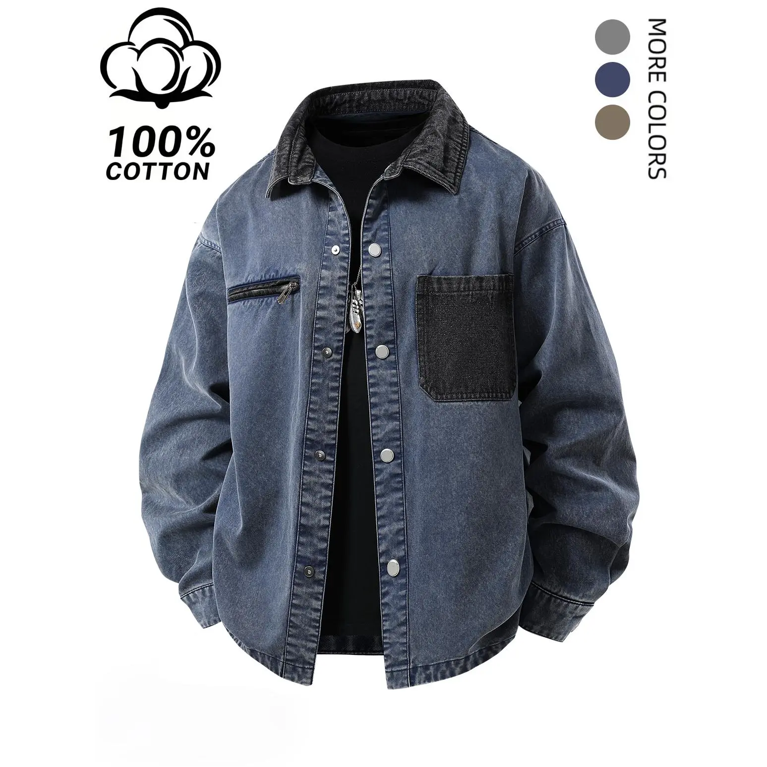 Vintage washed cotton shirt jacket with contrast collar and multi-pocket design, button front closure, relaxed oversized silhouette, trendy outerwear staple to upgrade casual mensfashion outfits.