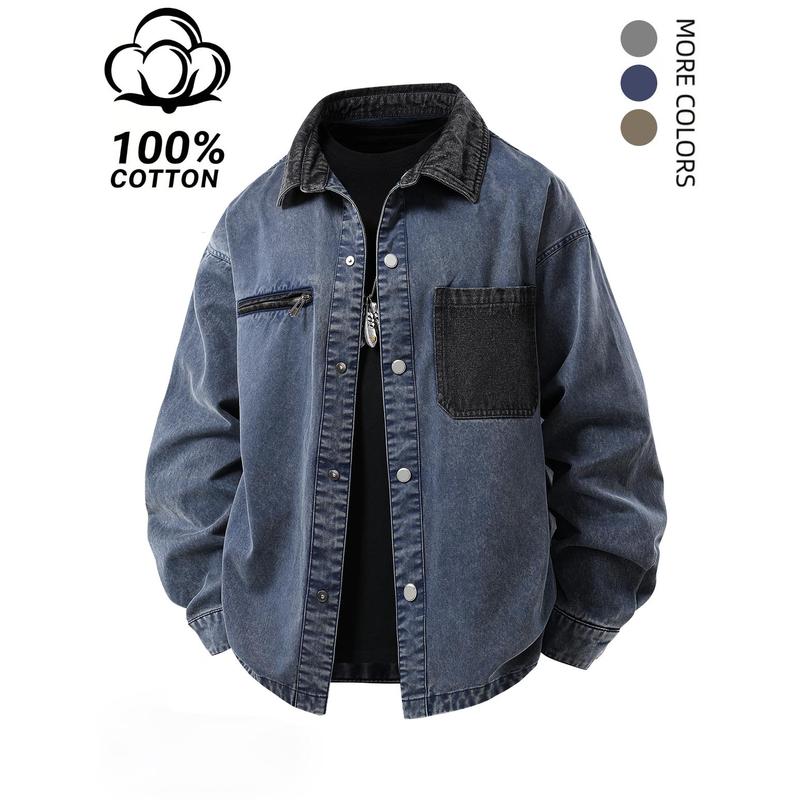 Vintage washed cotton shirt jacket with contrast collar and multi-pocket design, button front closure, relaxed oversized silhouette, trendy outerwear staple to upgrade casual mensfashion outfits.