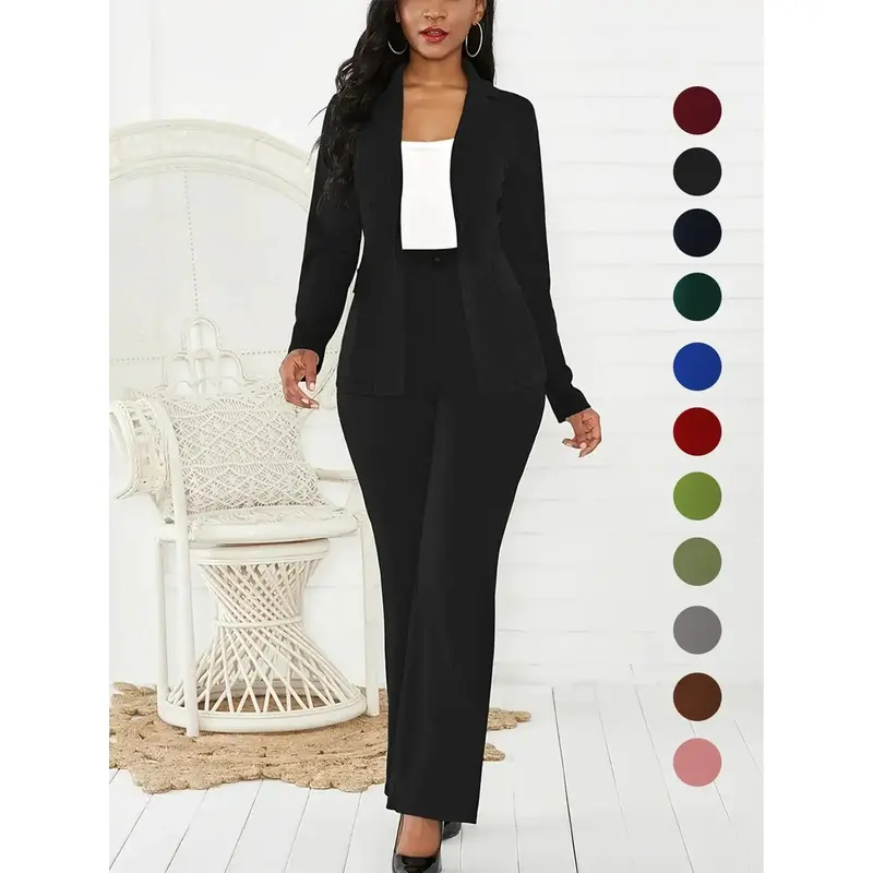 Women's Two-Piece Matching Set, Pants Set Outfit, Plain Button Lapel Fitted Blazer & Suit Pants, Business Casual Long Sleeve Outerwear & Trousers for Daily Outdoor Wear, All Seasons, Essential Business Attire, Work Casual Blazers