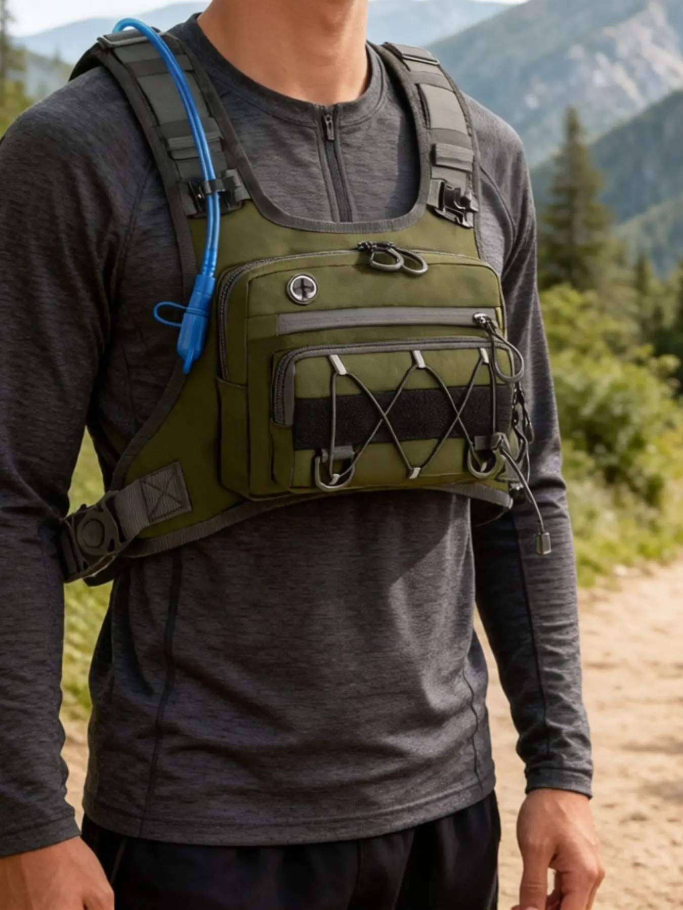 Outdoor Multi Pocket Utility Chest Bag Backpack, Lightweight Tear Resistant Vest Pack with Headphone Jack and Elastic Bungee Net, Adjustable Harness Dual Shoulder Pack for Motorcycle Riding, Dirt Bike Racing, Hiking, Trekking & Camping Gear