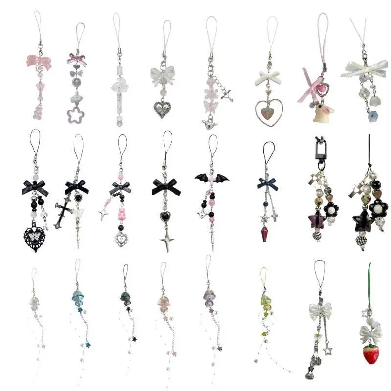 Phone Charm Strap Keychain Kawaii-Cute Crystal Jellyfish Pendant  Phone Chain Bowknot Phone Charm Keycord for  iPhone Camera Bag