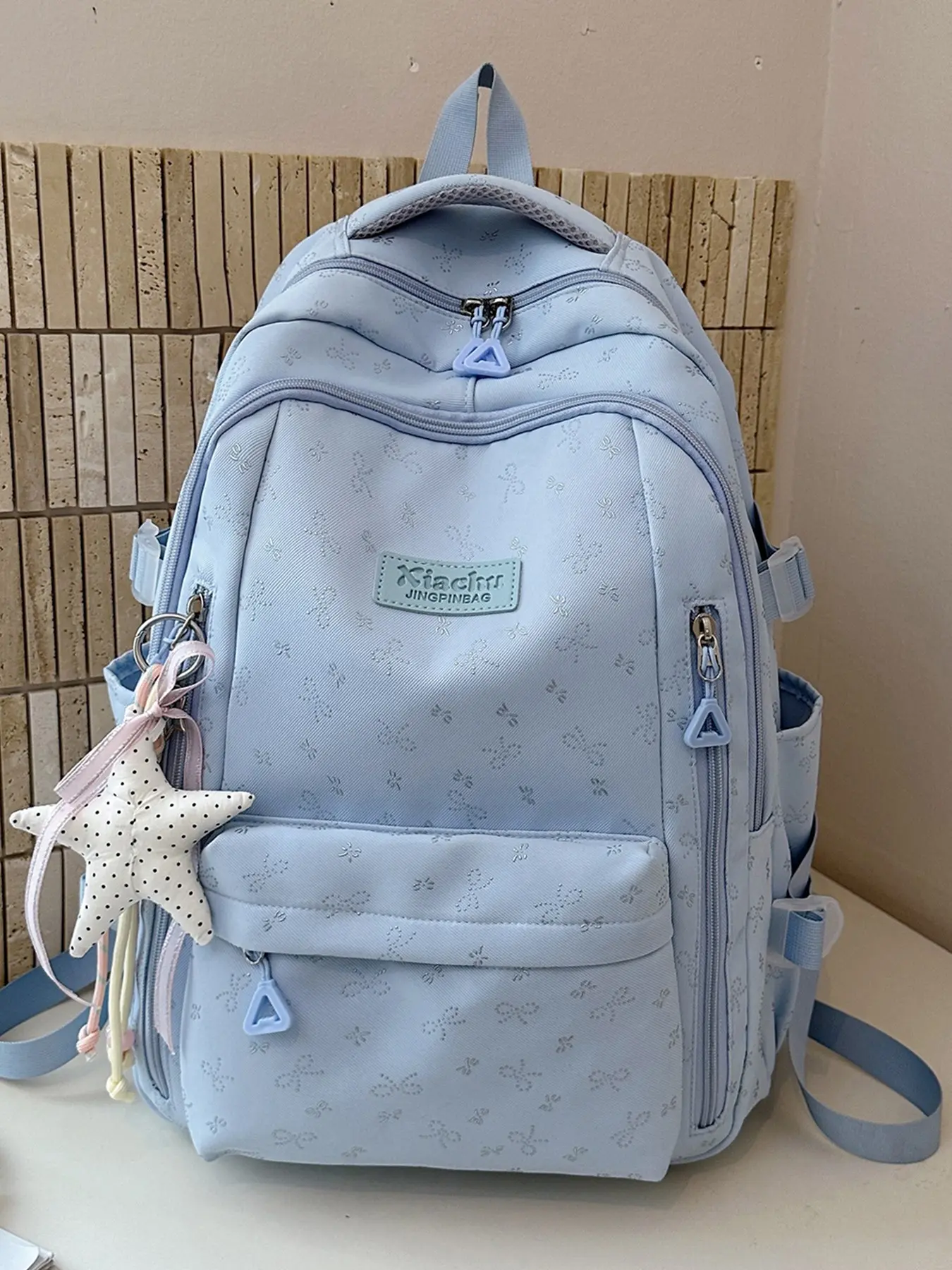 Large Capacity Bow Print Backpack, Polka Dot Star Pendant Student Shoulder Bag, Simple Elegant School Travel Bag