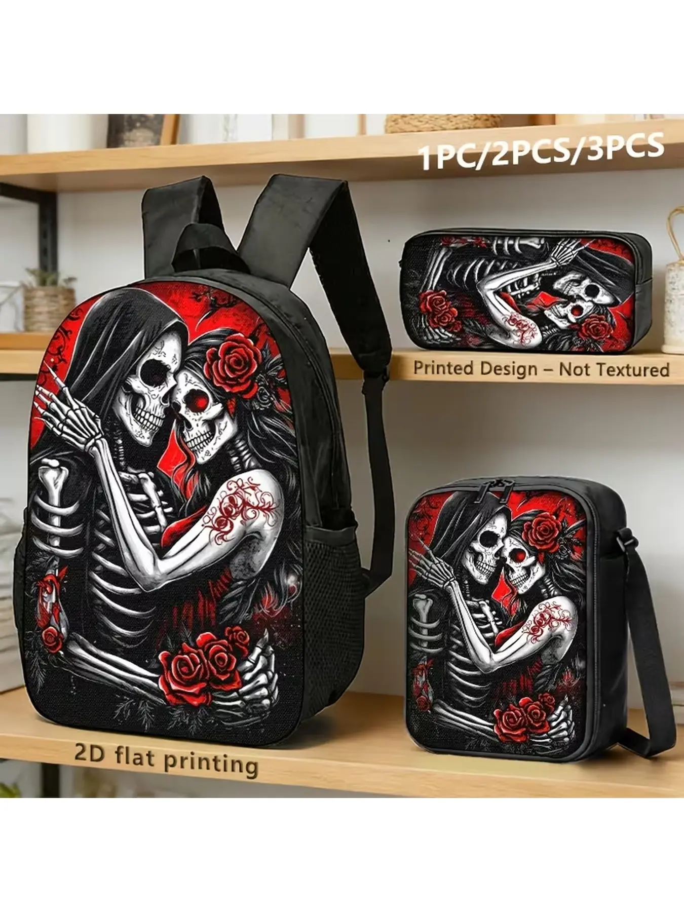 Halloween 3PCS Backpack Set, Gothic Skull Couple Red Roses Print Shoulder Storage Bag, Edgy Romantic Backpack for Rock Fans for Commuting Concerts Travel