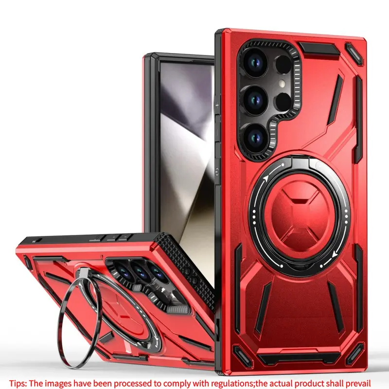 Magnetic phone case for Samsung S26 Ultra, 360-degree rotating metal ring holder, wireless charging, car compatible, drop-proof, anti-slip.