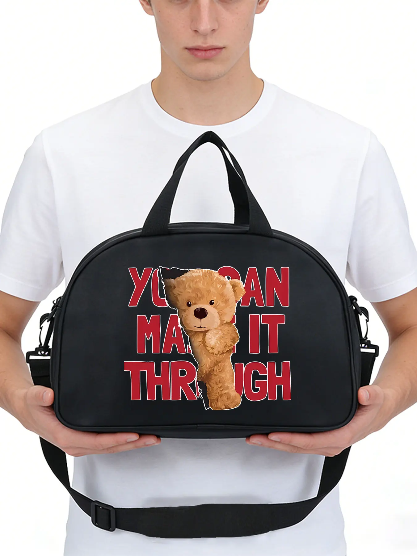 Teddy Bear "YOU CAN MAKE IT THROUGH"Pattern Multi-functional crossbody bag, shoulder bag for daily sports,yoga and dance bag, travel accessory, convertible crossbody and hand-held design, casual style, perfect gift.