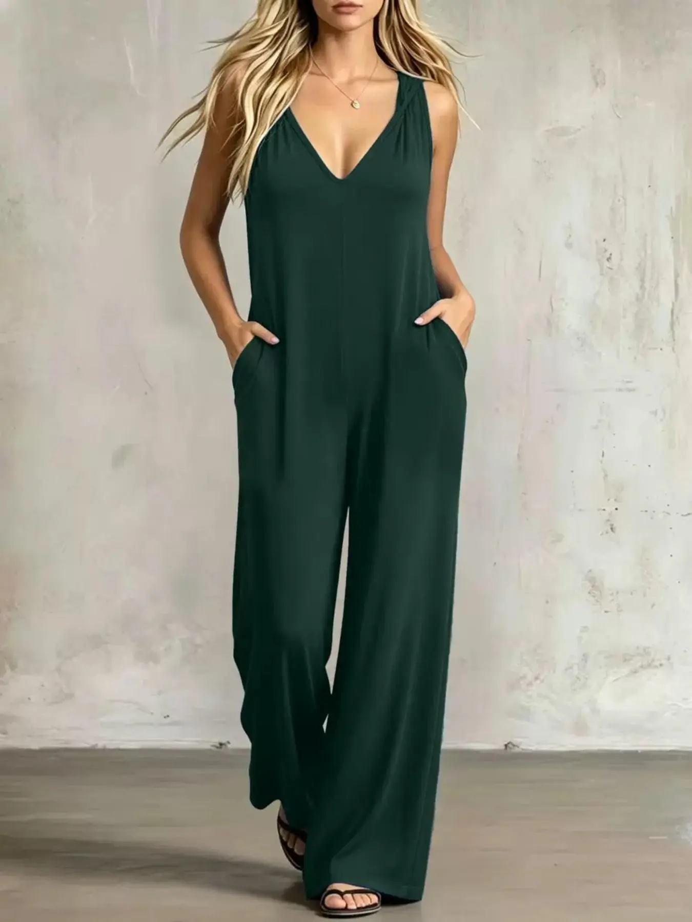 Lazy Casual Sleeveless Hooded Wide Leg Romper, Soft Fuzzy Knit, Deep V Slimming, Practical Pockets, Home & Solution