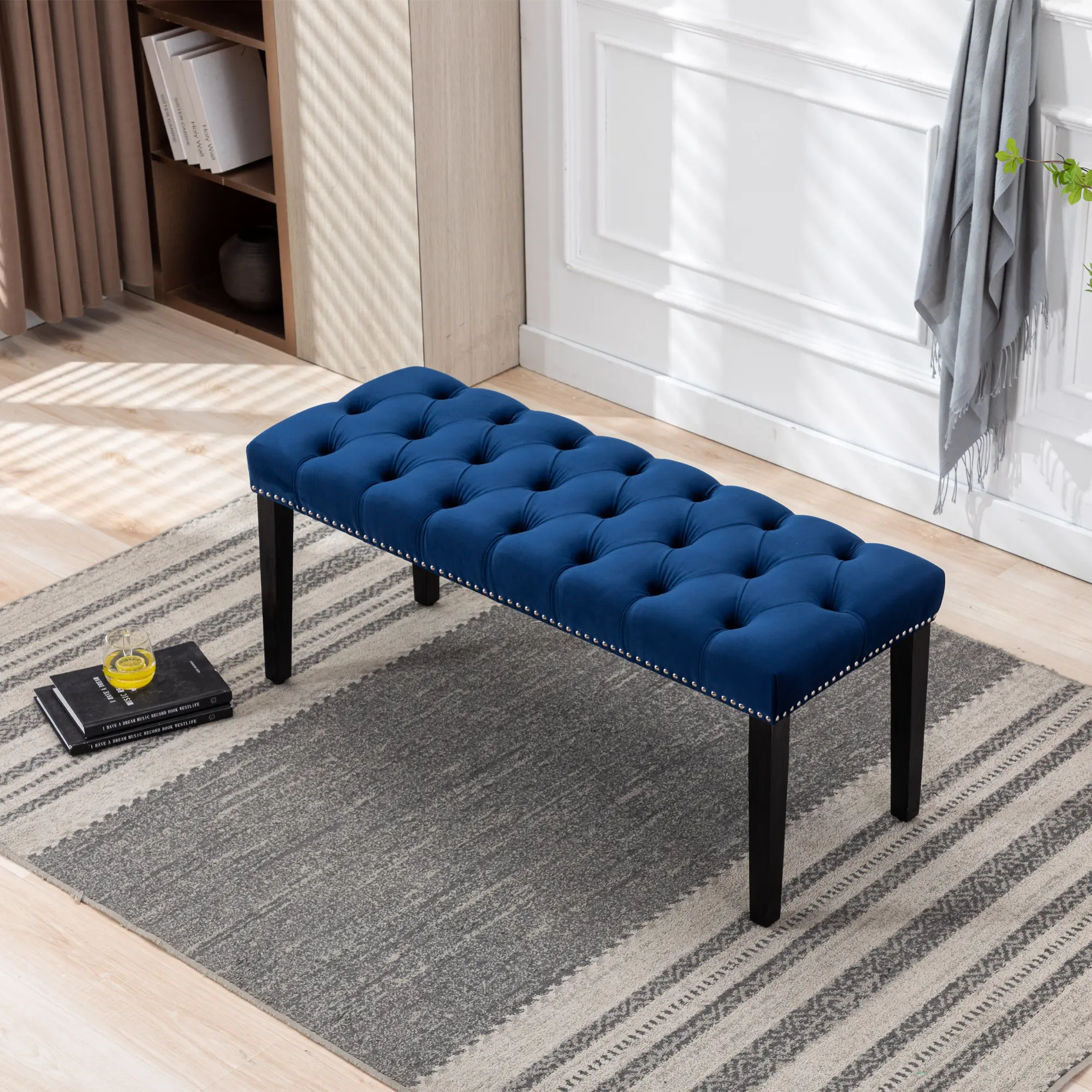 ARCH Velvet Upholstered Tufted Bench Ottoman, 45.28" L x 16.93" W x 18.90" H, Blue Velvet Dining Bedroom Entryway Living Room Hallway Garage Footrest Stool Accent Bench with Rubber Wood Legs, 330 lbs Capacity, Easy Assembly, Blue Color Options