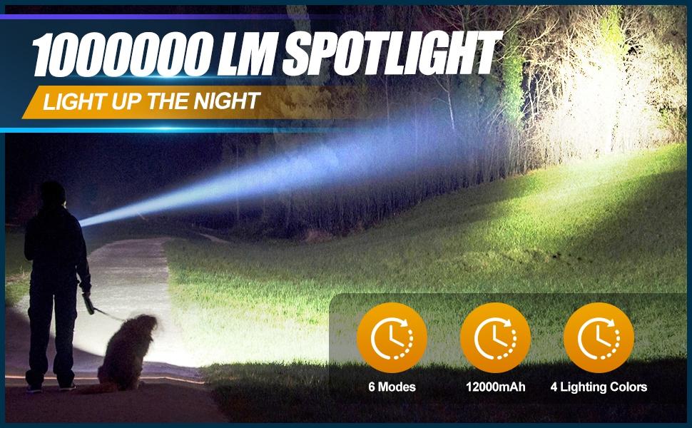 VICTOPER Spotlight for Camping, 1000000 Lumens Bright Handheld Spot Light, 12000 mAh Rechargeable LED Flashlight, 3+3 Modes 4 Colors Waterproof Spotlight Hunting Caving Camping Essentials Gear
