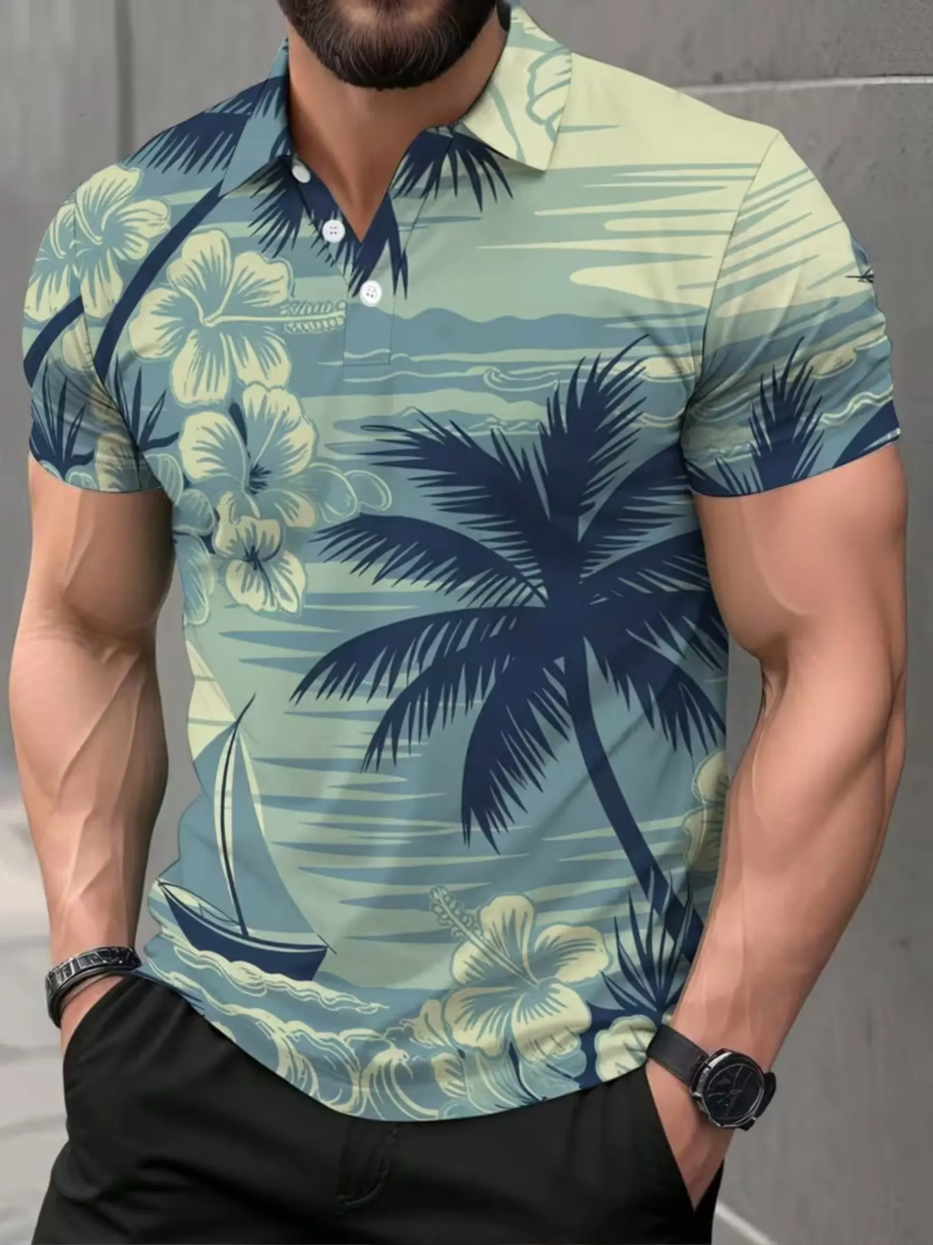 Men's Summer Vacation Style Palm Sail Print Short Sleeve Polo Shirt, Casual Breathable Beach Top, Stand Collar, Lightweight