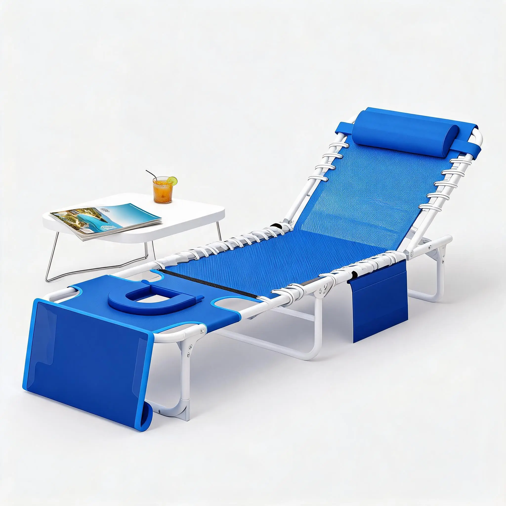 Navy Blue/Beige 3-in-1 Outdoor Folding Recliner Chair - 5 Reclining Positions, Face Hole, Removable Pillow & Table - Adjustable Portable Tanning Chair for Beach, Patio - 330lbs Max Capacity