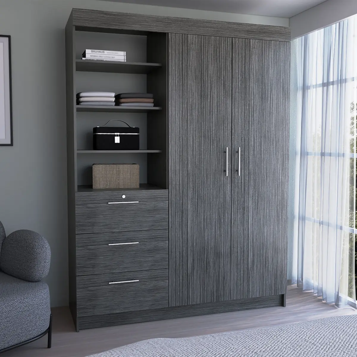 Aobtkel3-Tier Shelf and Drawers Armoire with Metal Handles, Smokey On-Site