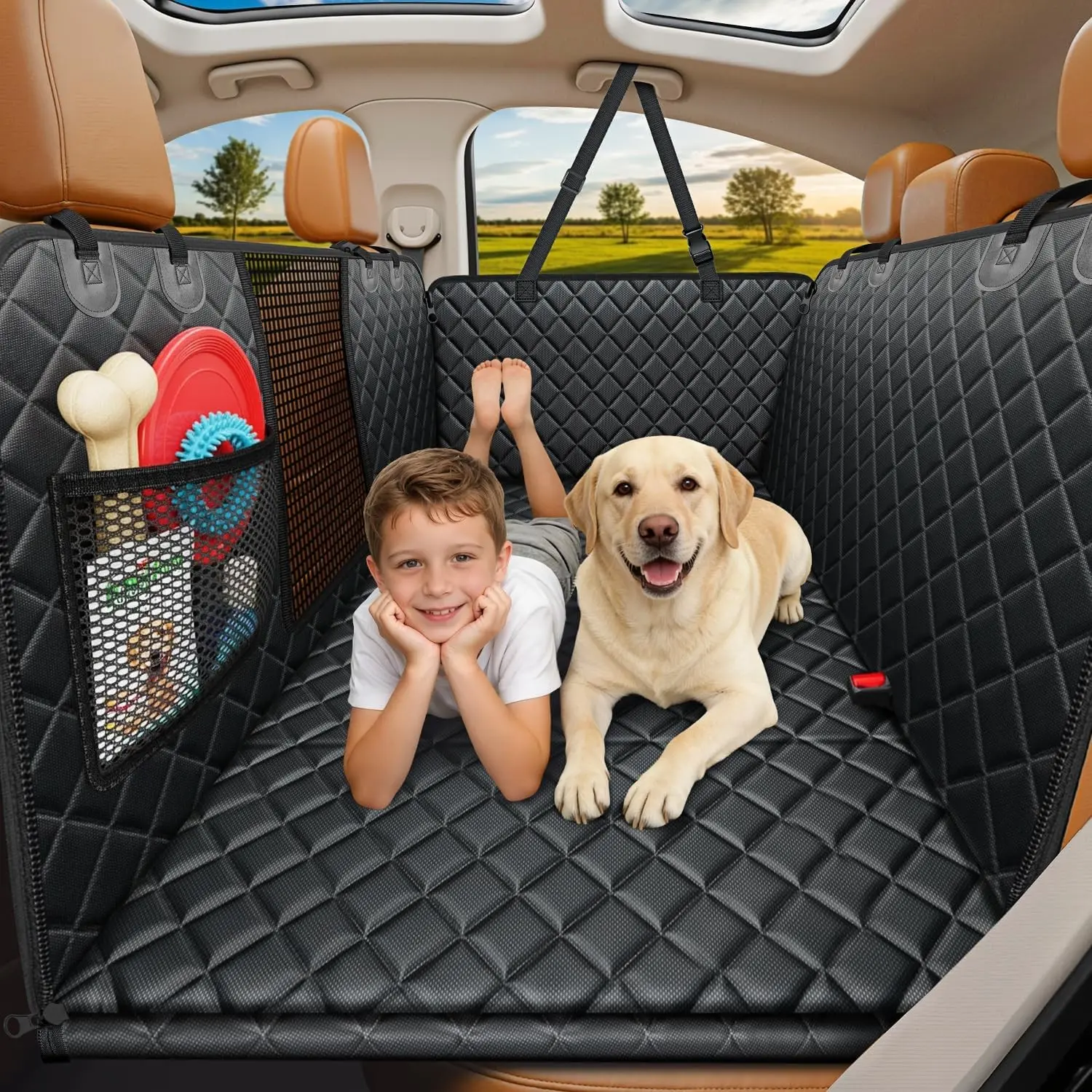 Backseat Extender for Dogs - Hard Bottom Dog Car Seat Cover for Back Seat, Dog Hammock for Car and SUV, Pet Rear Seat Protector Dogs Travel Bed with Mesh Window