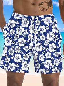 Summer Men's Blue Base Hibiscus Print Beach Pants, Hawaiian Style Casual Short Pants, Loose-Fitting, Random Print, Unlined