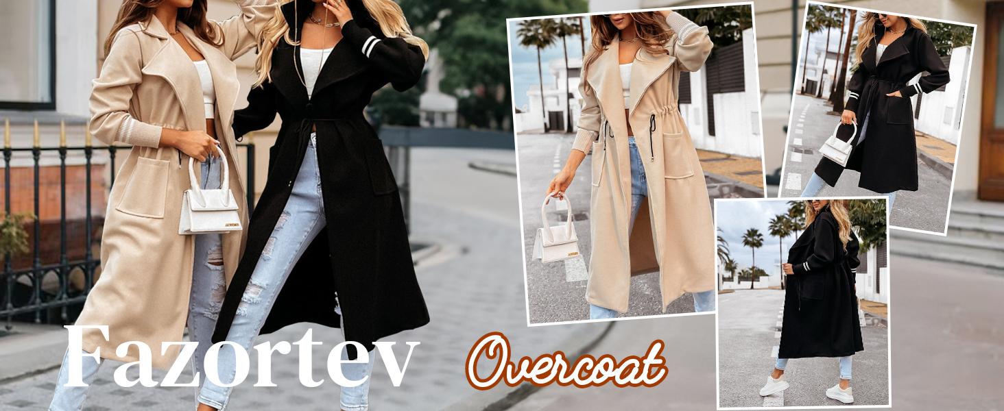 FMEYOA Women Coat Pocket Casual Drawstring Waist Open Front Classic Lapel Overcoat M7P162