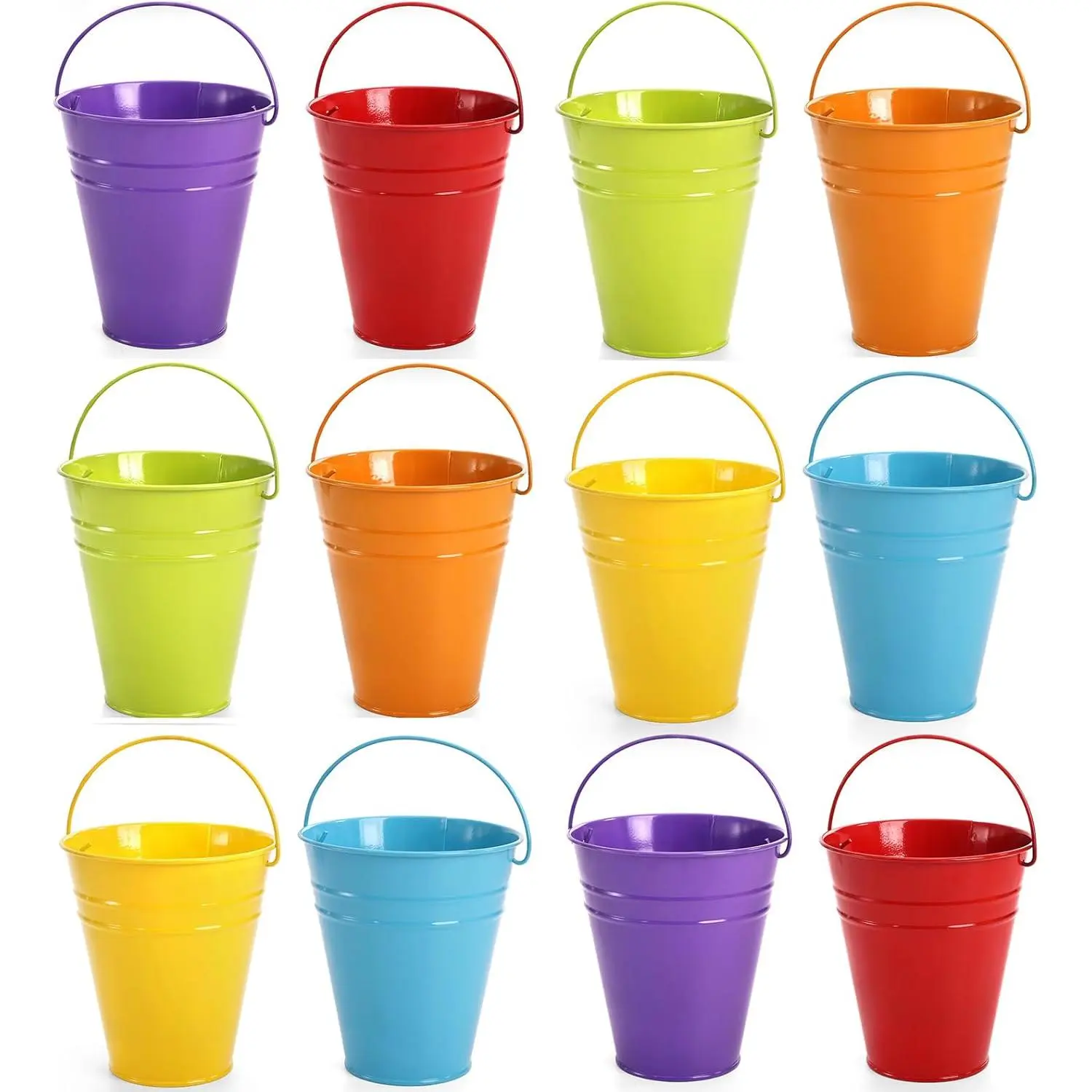 Nicunom 12-Pack Rust-Proof Round Galvanized Metal Handle Buckets, 4.5x5 Inch Colored Small Pails for Room Decor, Party Favors