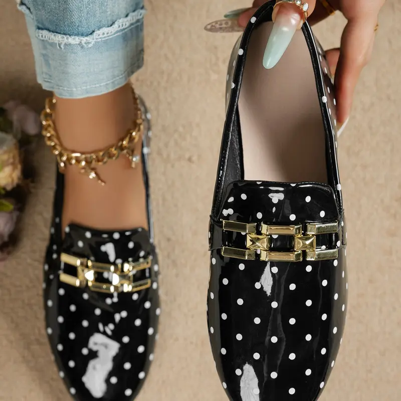 Women's Fashion Flat Shoes, Vintage Polka Dot Design, Elegant Metal Horsebit Decor, Casual Comfortable Slip On Flats