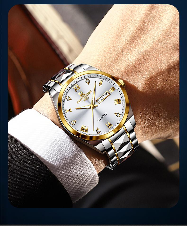 Men's Luxury Gold Tone Quartz Watch - Stainless Steel Wristwatch with Day & Date Calendar, Crystal Diamond Accents, Roman Numerals, Elegant Business Dress Watch, Perfect Gift for Husband Dad