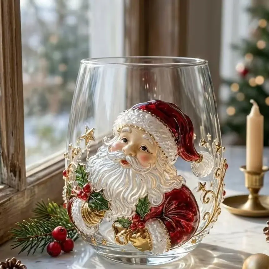 Christmas Party Vibe 3D Crystal Sticker Egg Shaped Drinking Cup, Xmas Bar Holiday Wine Glass, Festive Gift Idea