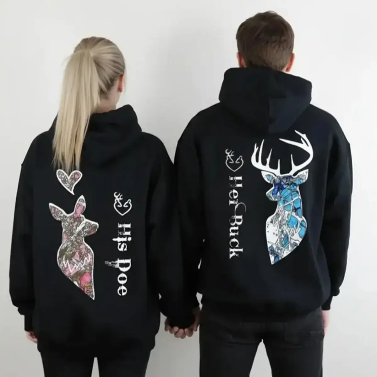 Matching Set Men's Buck & Women's Doe Western Deer Print Hoodies - Cotton-Poly Soft Fleece, Drawstring Hood, Full Length Long Sleeve Pullover Sweatshirts, Hand Wash Ok, Romantic Anniversary Gift, Loose-Fit, Graphic, Party, Cute, New Year, Preppy