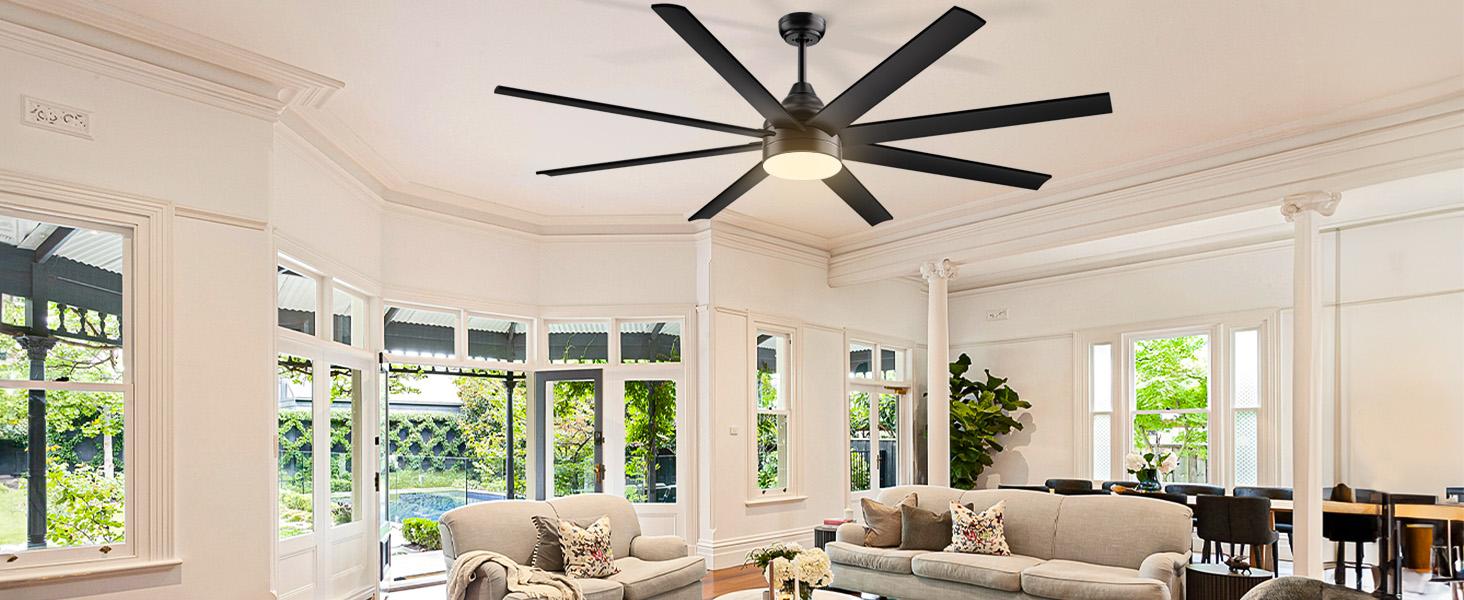 Large Ceiling Fans with Lights and Remote/APP Control, Indoor Outdoor Black Ceiling Fan for Kitchen, Living Room, Patio, 6 Speeds Reversible Quiet DC Motor, 8 Blades