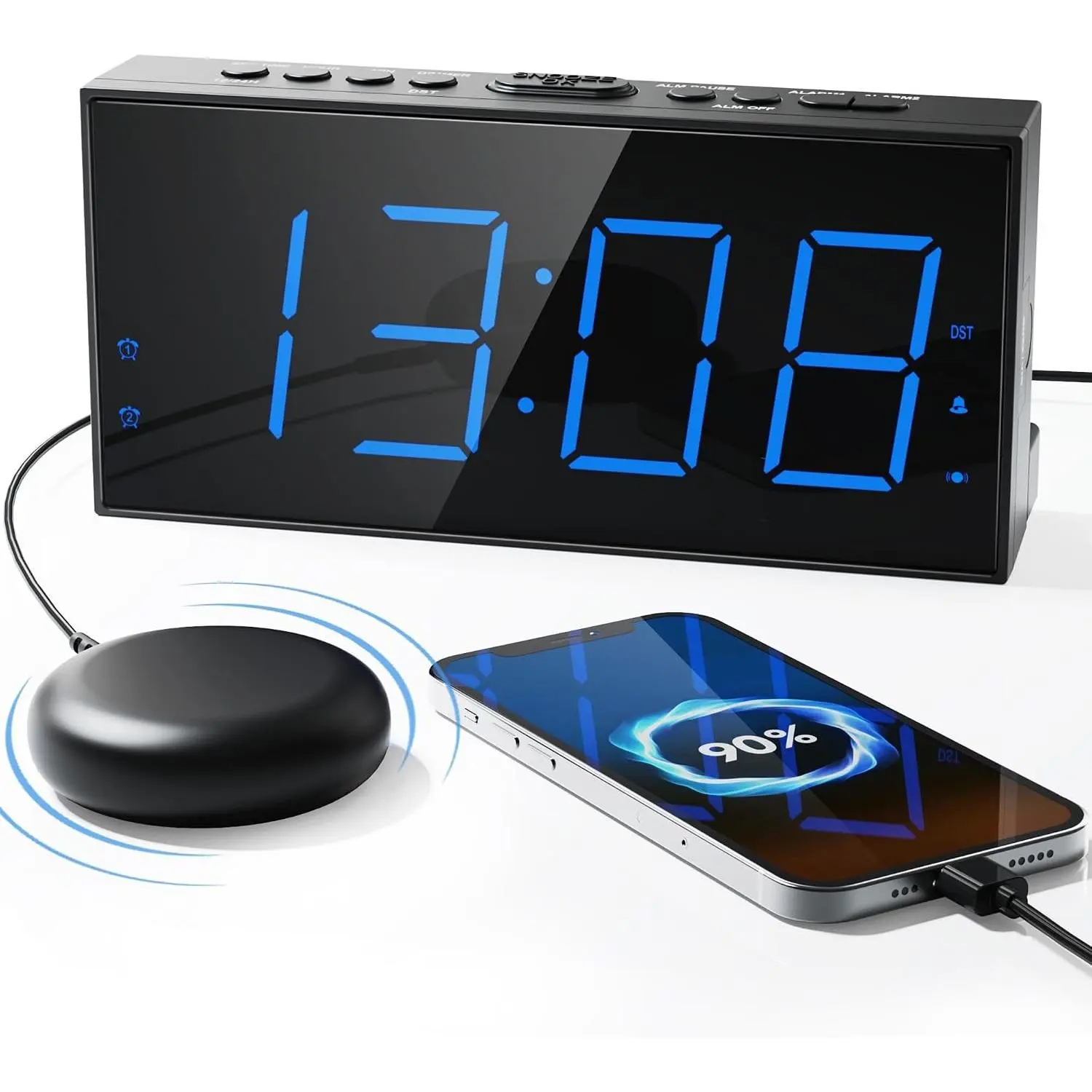 Vibrating Alarm Clock with Bed Shaker for Heavy Sleepers, Hard of Hearing & Deaf - Dual Alarms, 7.5" LED Display, Dimmer, USB Charging Port, Memory Function, Plug-in Vibrator Clock