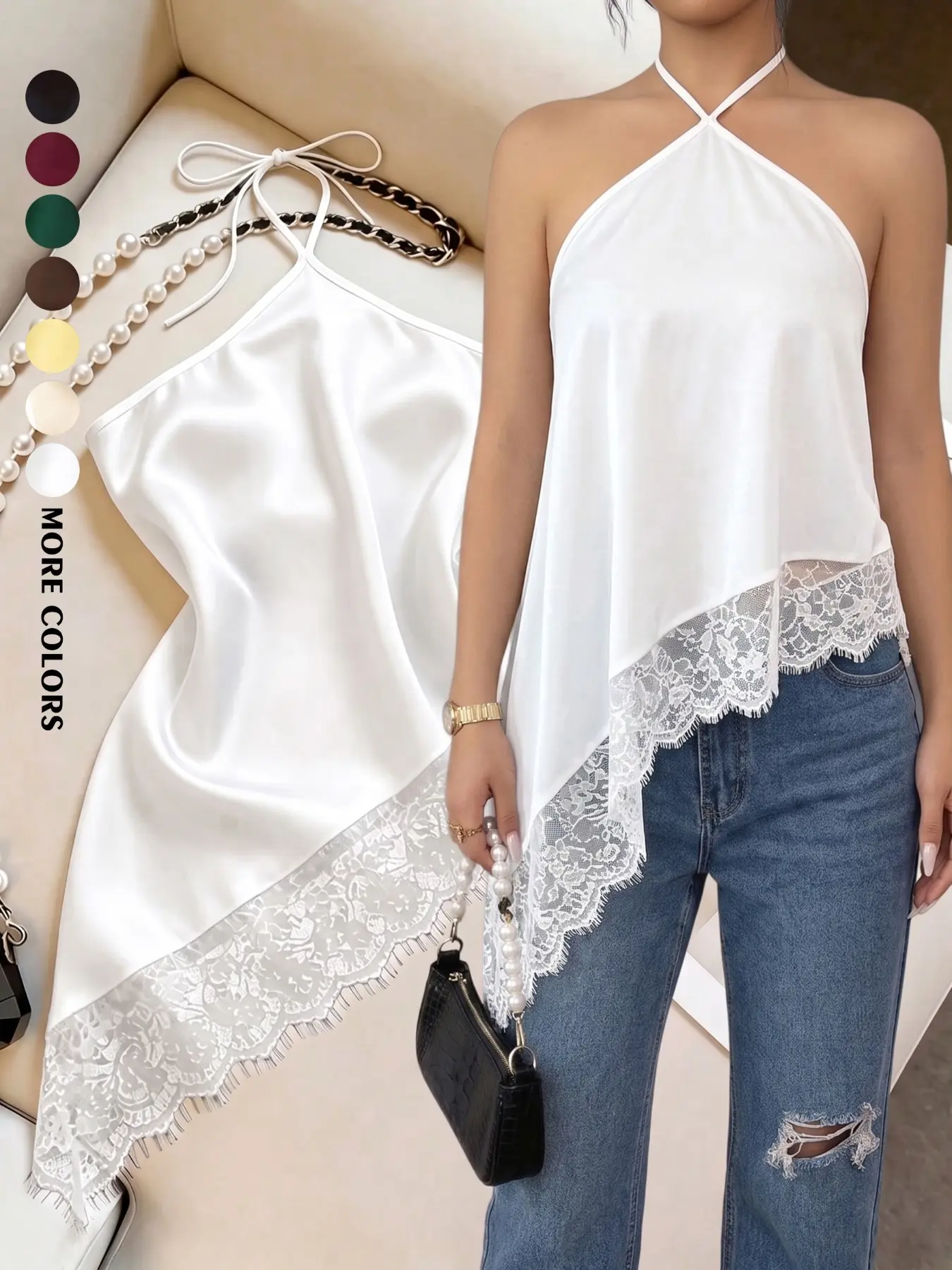Women Summer Daily Mature Soft Style Satin Irregular Lace Spliced Tie Halter Neck Elegant Sleeveless Camisole Tops Fitted-fit Street City Home Refined Flowy Hazy Mellow Exquisite Casual Graceful Premium