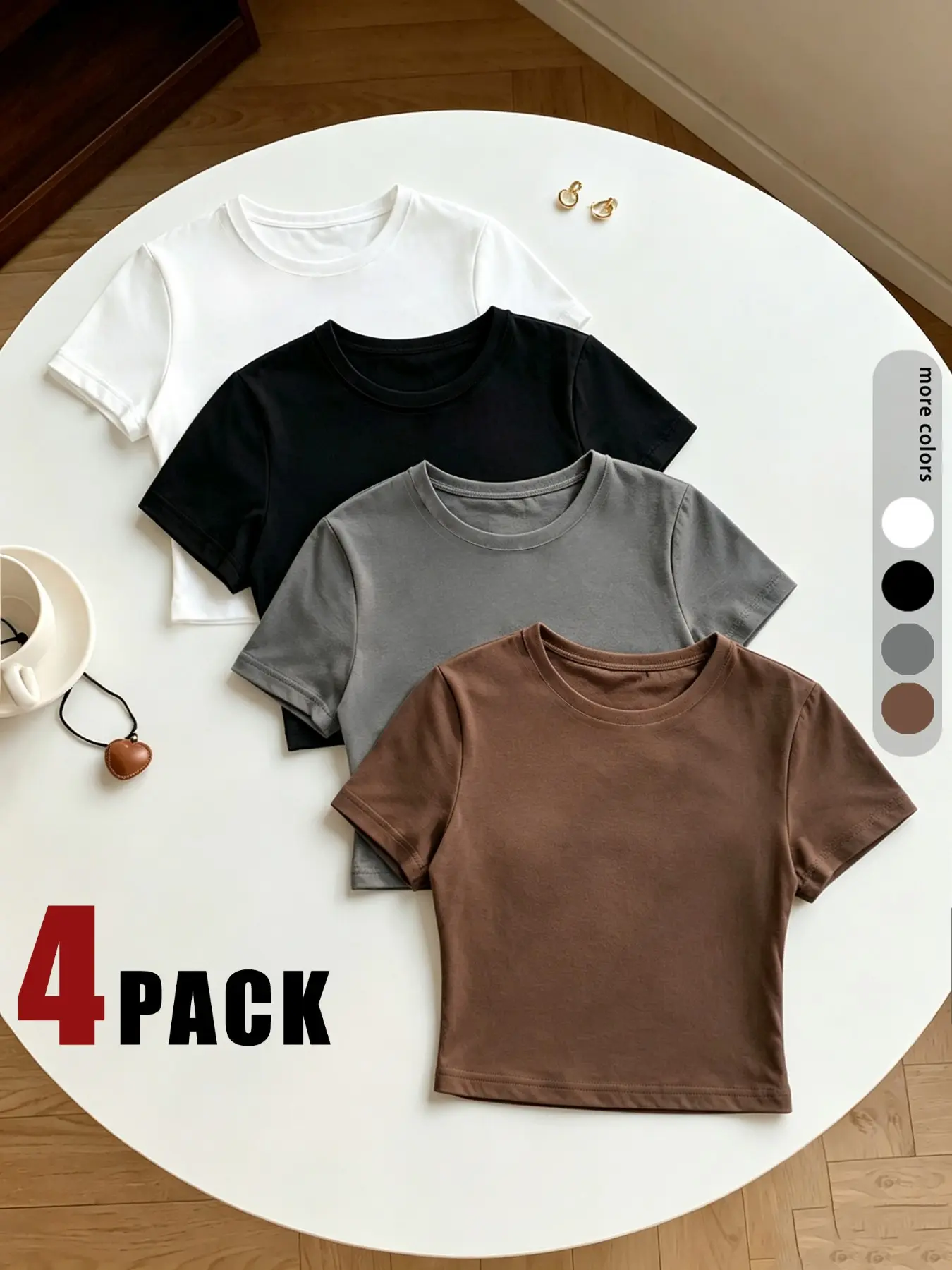 4 Pieces, Y2K American Vintage Basic Crew Neck Fitted Cropped Short Sleeve T-Shirt, Minimalist Commute Style, Solid Color Versatile Slim Fit Crop Top, For Women's Summer Daily Home, Shopping, Dating And Vacation Outfits