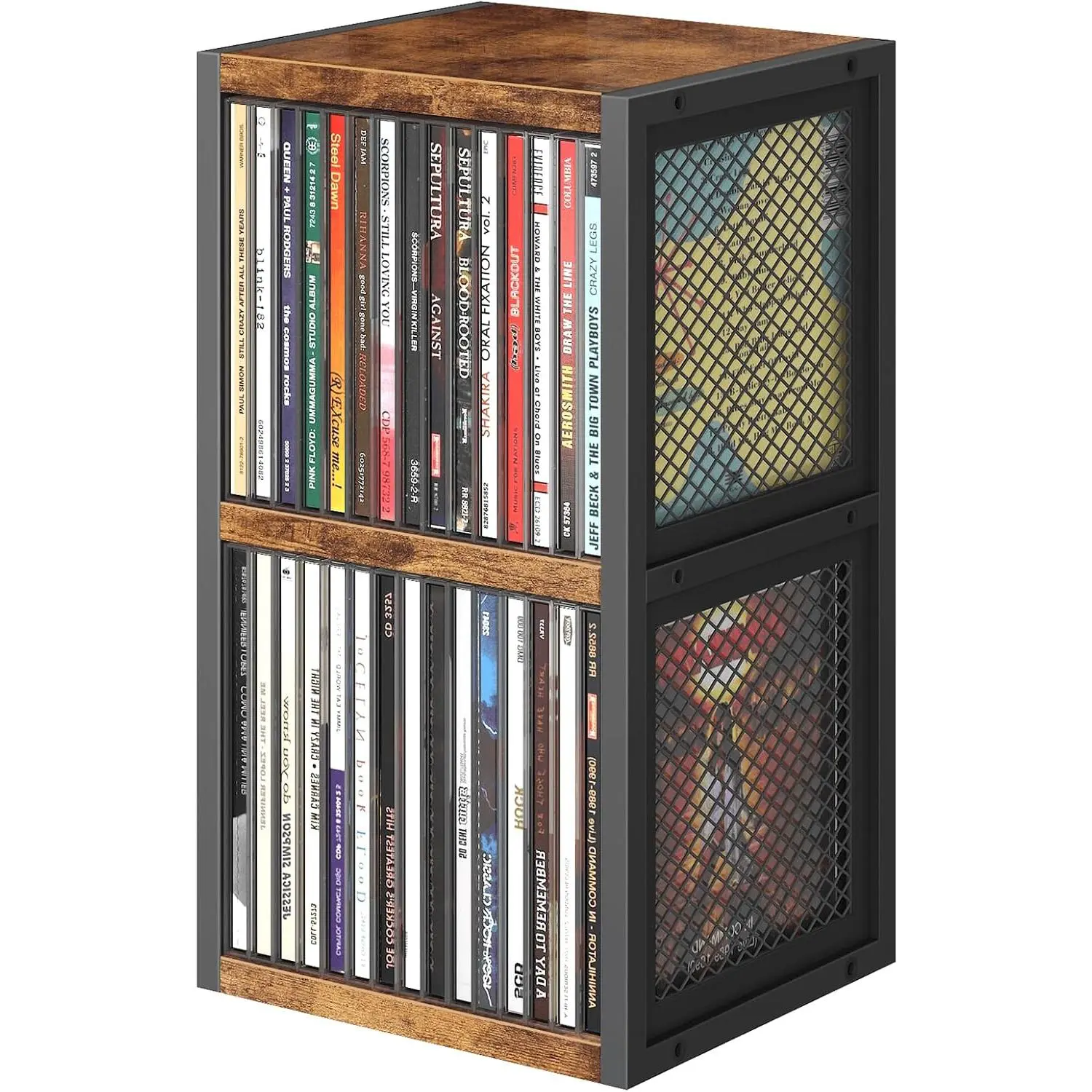 CD Holder Desk Rack Organizer, Wooden CD Storage Stand Holds up to 30 Cd Cases, 2 Tier CD Tower with Mesh Sides, Retro Small CD Display Shelf for Theatre Room,  Collectibles, Rustic Brown