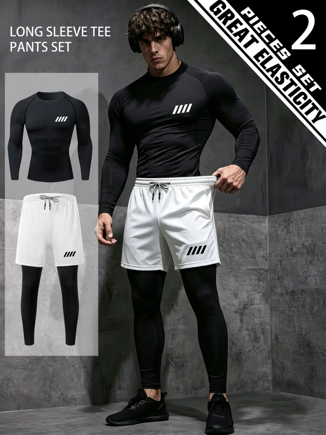 Men's Sporty 2-Piece Set, Long Sleeve Print T-Shirt + Fitted Compression Pants, Quick Dry Fabric, Ideal for Running & Training