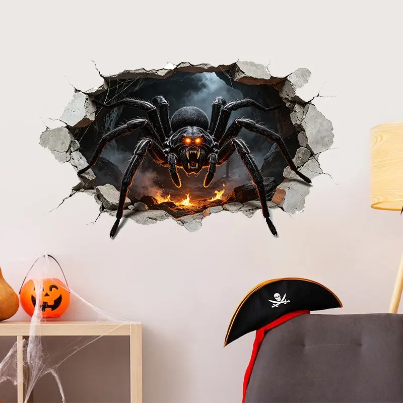 Halloween Spider Wall Sticker, Self-Adhesive PVC Horror Broken Wall Animal Decal, Festive Party Decoration for Living Room Bedroom
