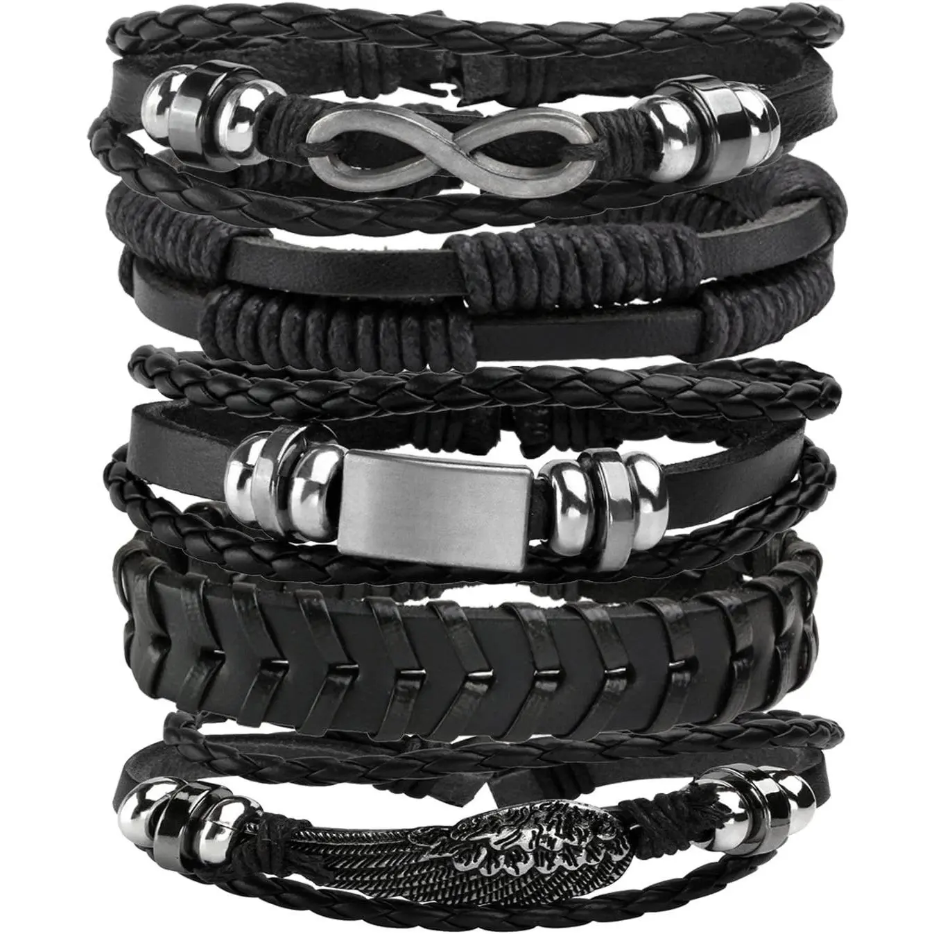 5 count Braided Leather Bracelets for Men Women Woven Cuff Bracelet Adjustable