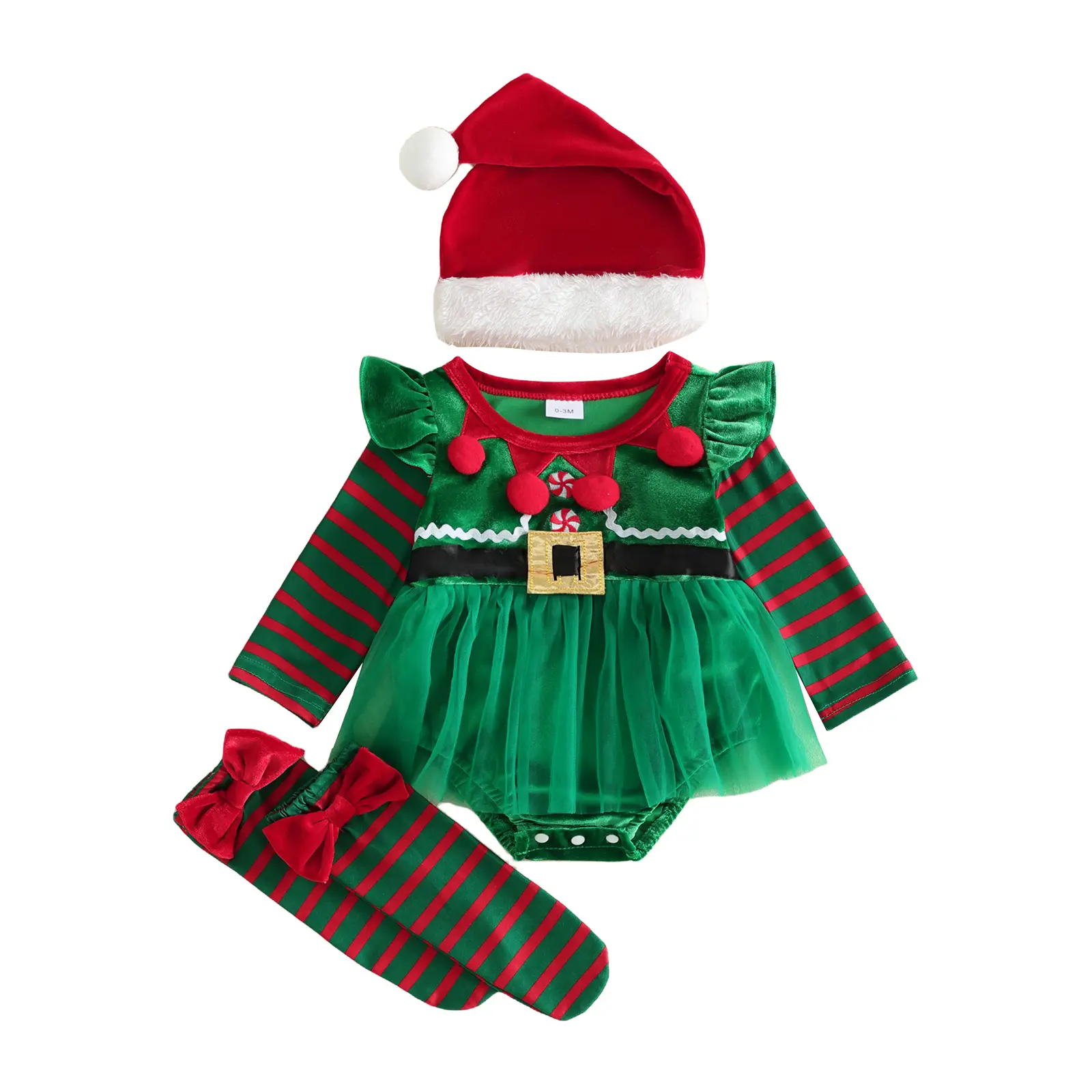 Babamoon Newborn Infant Baby Girl Polyester Clothes Christmas Elf Costume Set - Striped Long Sleeve Round Neck Romper Dress, Stockings, Hat