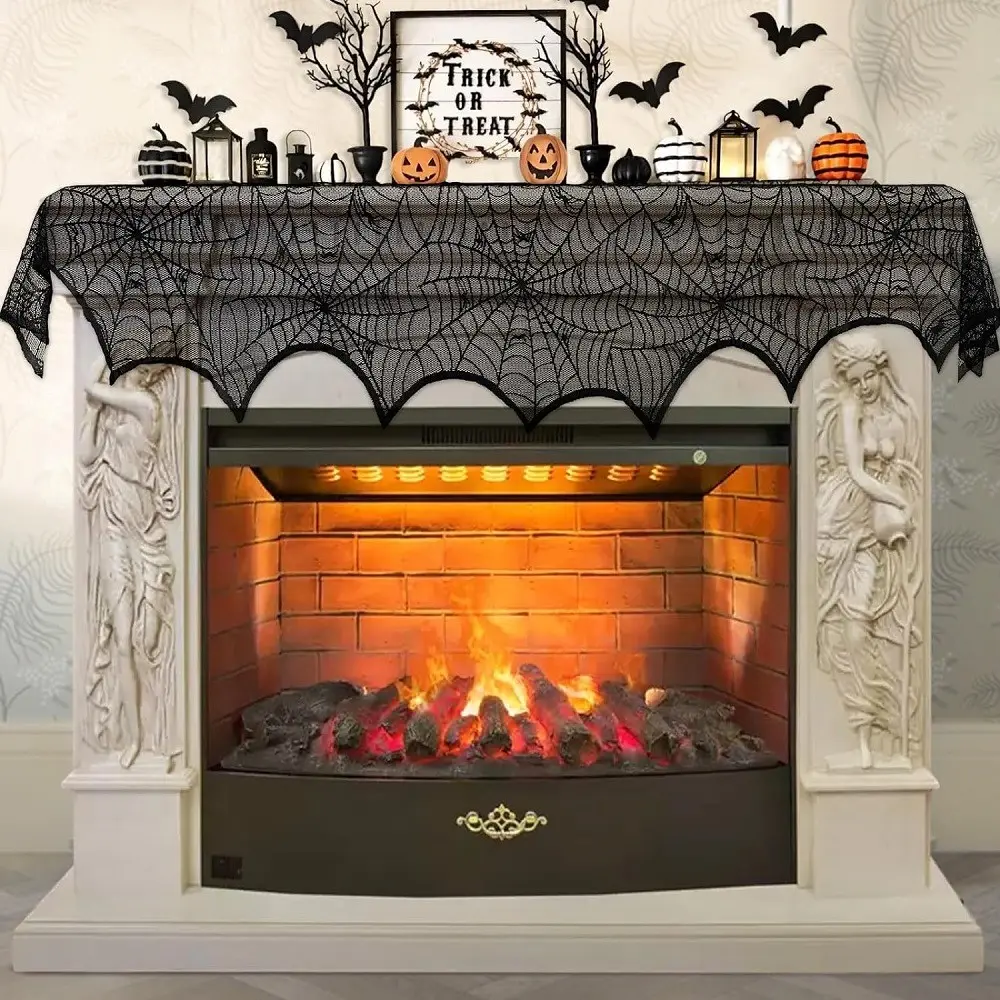 1pcs Halloween Fireplace Decorations, Fireplace Mantle Scarf Cover, Black Lace Spider Web for Door, Window and Flowerbeds Decoration, Halloween Party Supplies