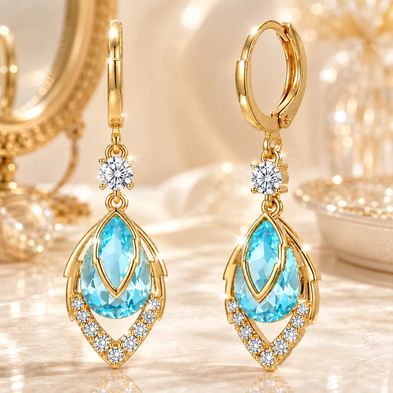 14K Gold Plated Blue Teardrop Earrings for Women, Dangle Drop Earrings with Sparkling Crystal Rhinestone, Elegant Water Drop Jewelry for Wedding Party Daily Wear, Fashion Gift for Her