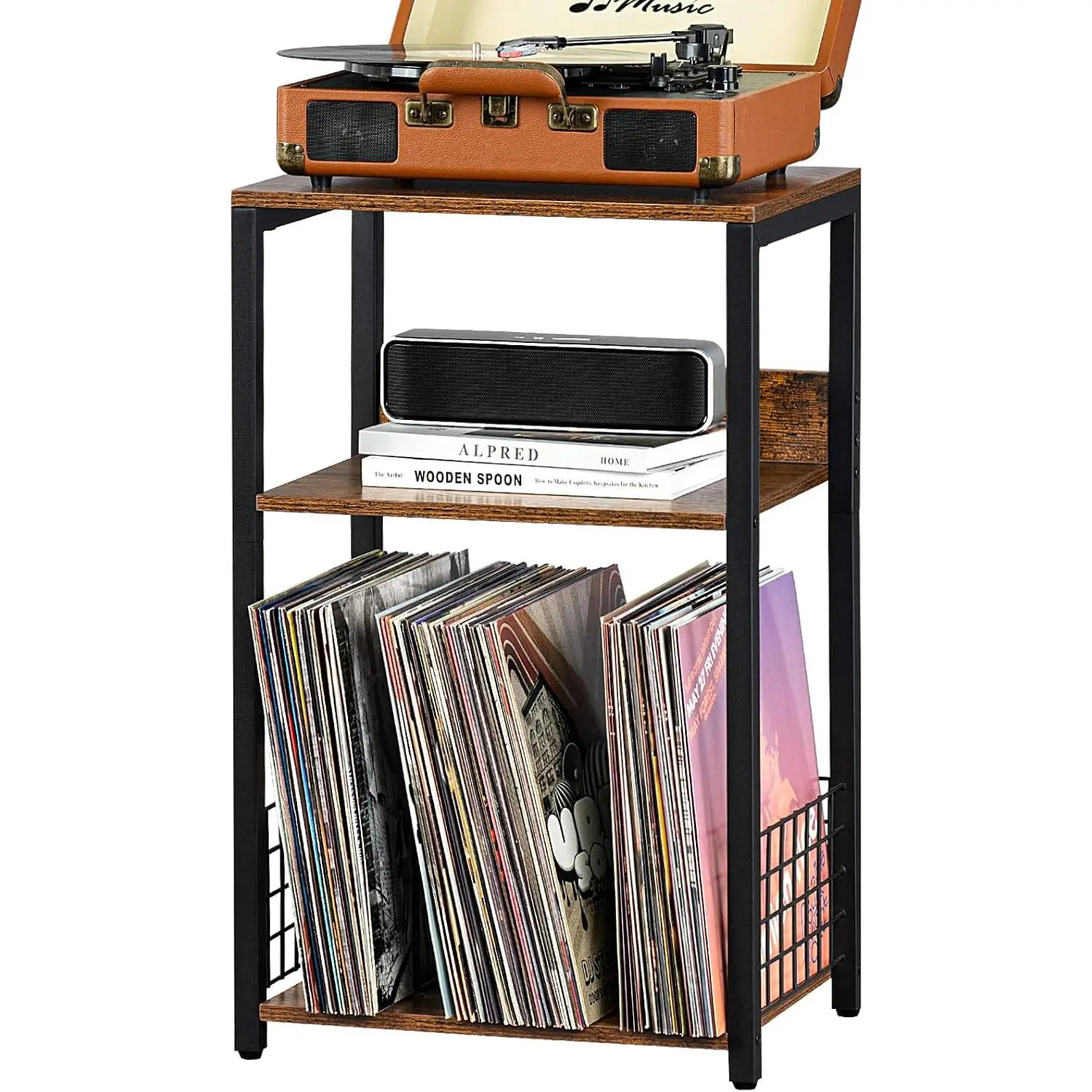 3 Tier End Table,Record Player Stand with Storage Up to 100 Albums,Turntable Stand for Vinyl,Brown Records Shelf for Living Room Bedroom